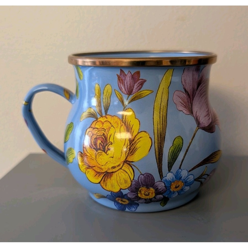 MacKenzie Childs Flower Market Lapis Blue Mug/ Tea Cup Metal